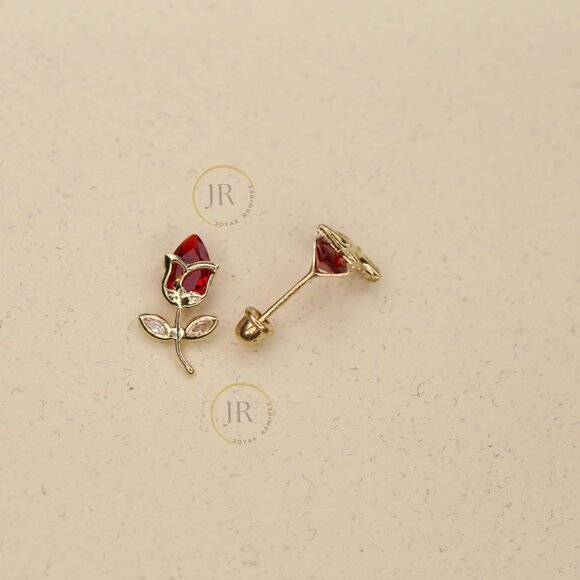 14K Solid Yellow Gold Red Tulip Stud Earrings • Floral Elegance & Passion. - Picture 2 of 10